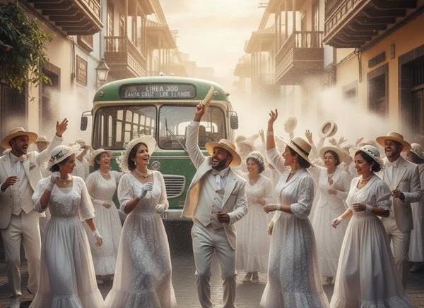 Menschen in weißer Kleidung feiern den Los Indianos Karneval in Santa Cruz de La Palma