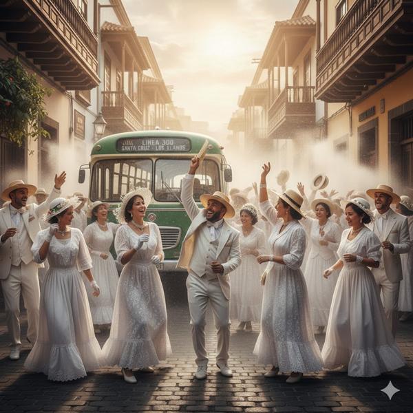 Menschen in weißer Kleidung feiern den Los Indianos Karneval in Santa Cruz de La Palma