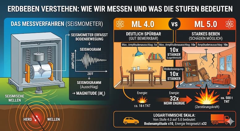 Grafische Darstellung Erdbeben Messverfahren, Magnitude Unterschied, Richterskala Erklärung