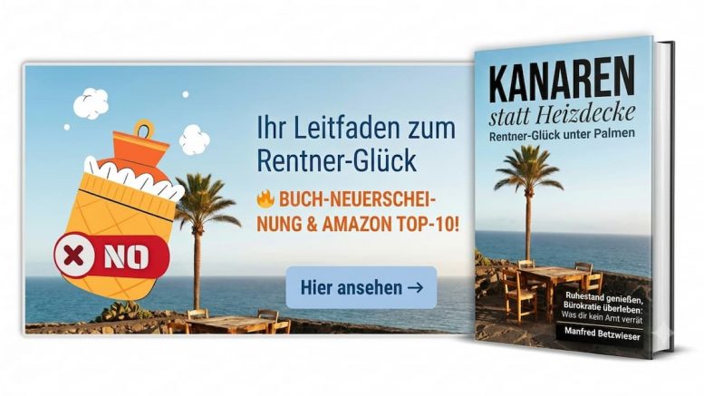 Kanaren statt Heizdecke – Buchcover und Werbebanner für das neue Buch zum Ruhestand und Auswandern auf die Kanarischen Inseln von Manfred Betzwieser