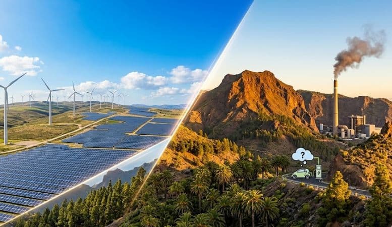 Eine dramatische, schöne Landschaft auf La Palma mit Blick auf ein Vulkangebiet bei Sonnenuntergang. Subtilscheinend, wie eine schematische Grafik, sieht man tief in der Erde unter dem Vulkan glühende Energie (Magma/Geothermie), während oben auf der Erde nur eine einsame, ausgeschaltete Glühbirne oder ein simples Kabel liegt.