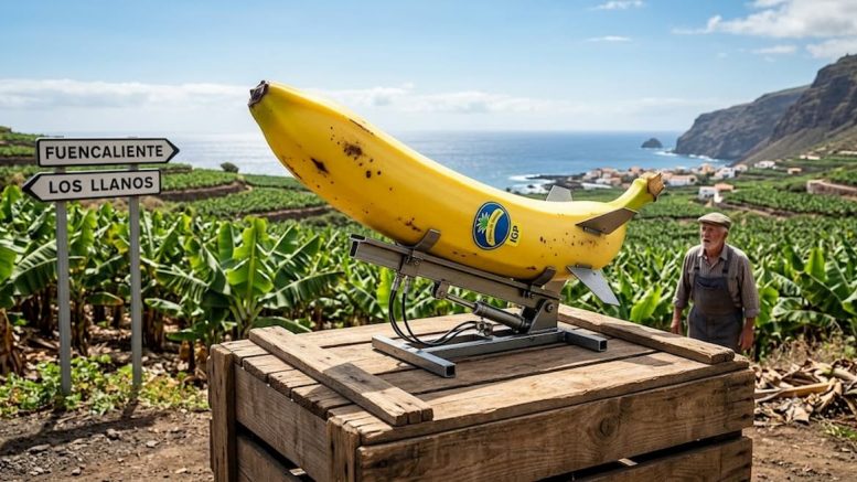 Titelbild-Illustration zum USA-Irankrieg auf La Palma: Eine Banane als Rakete symbolisiert die wirtschaftlichen Auswirkungen des fernen Krieges auf die Insel, insbesondere auf den Bananenexport und die Agrarwirtschaft.