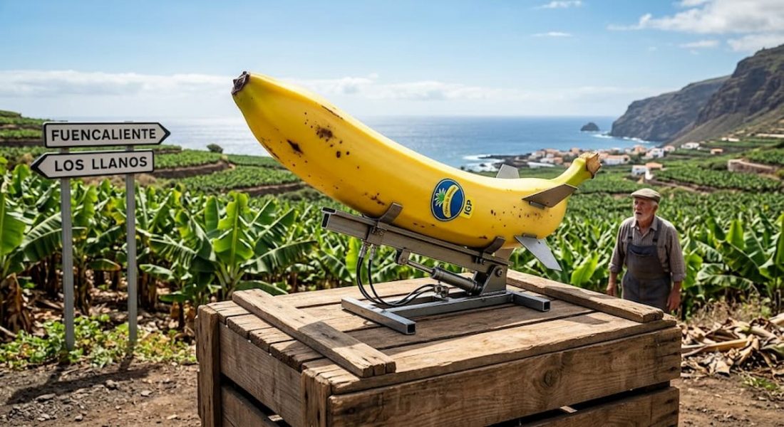 Titelbild-Illustration zum USA-Irankrieg auf La Palma: Eine Banane als Rakete symbolisiert die wirtschaftlichen Auswirkungen des fernen Krieges auf die Insel, insbesondere auf den Bananenexport und die Agrarwirtschaft.