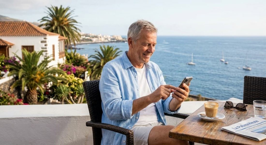 Mann sitzt auf der Terrasse und telefoniert zu Ruhestand La Palma