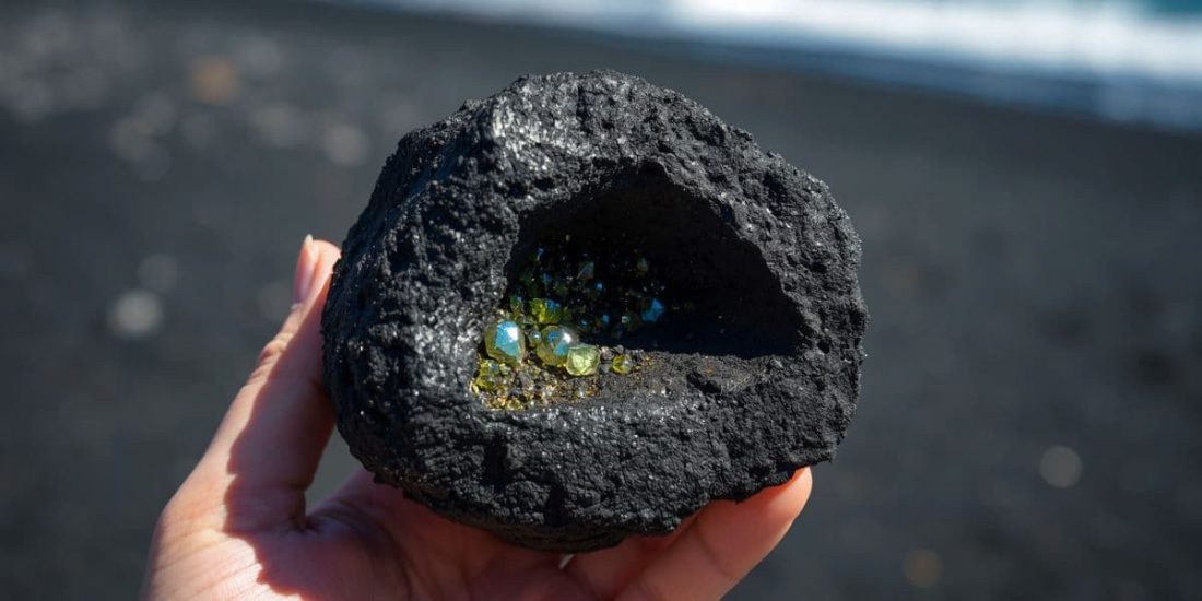 Olivin in einer Lavaknolle/ Mineralien La Palma