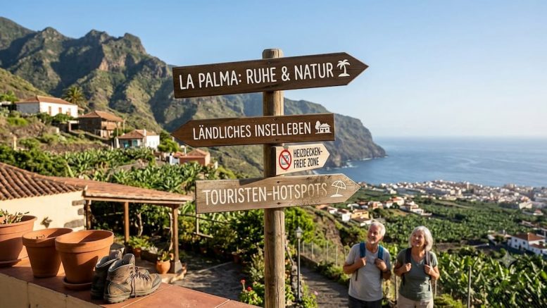 Älteres Wanderpaar steht vor Holzhinweisschilder auf La Palma/ La Palma Auswanderer