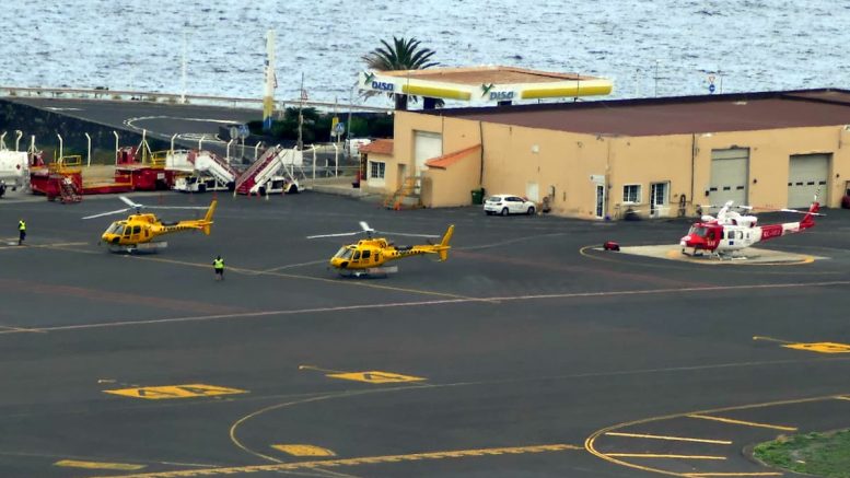 Die Löschhubschrauber auf dem Flughafen Mazo stehen bereit/ Hitze und Sturmwarnung La Palma
