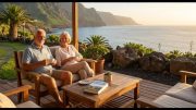 Älteres Paar genießt den Ruhestand auf einer Finca-Terrasse auf La Palma