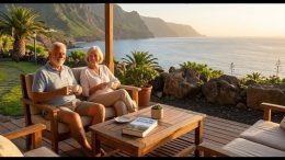 Älteres Paar genießt den Ruhestand auf einer Finca-Terrasse auf La Palma