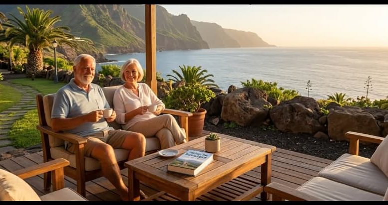 Älteres Paar genießt den Ruhestand auf einer Finca-Terrasse auf La Palma