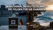Eine deutsche Wahlurne mit Stimmzettel/ Das stürmische Meer an einer kanarischen Felsküste