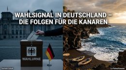 Eine deutsche Wahlurne mit Stimmzettel/ Das stürmische Meer an einer kanarischen Felsküste