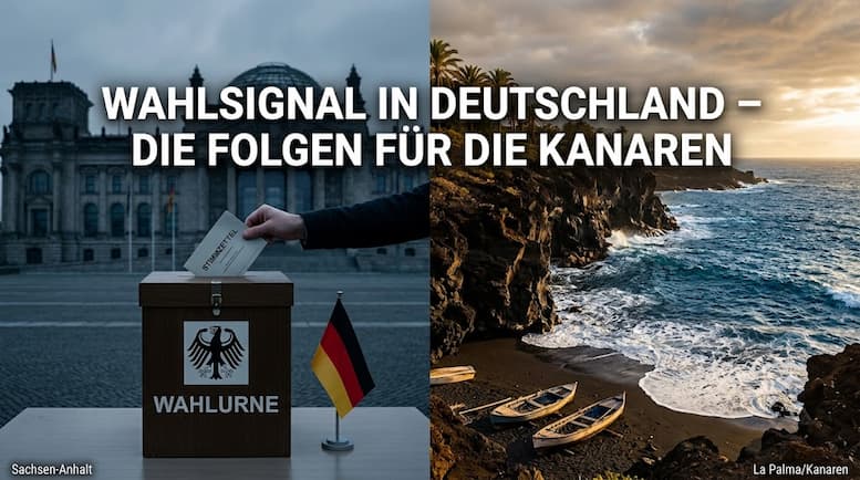 Eine deutsche Wahlurne mit Stimmzettel/ Das stürmische Meer an einer kanarischen Felsküste